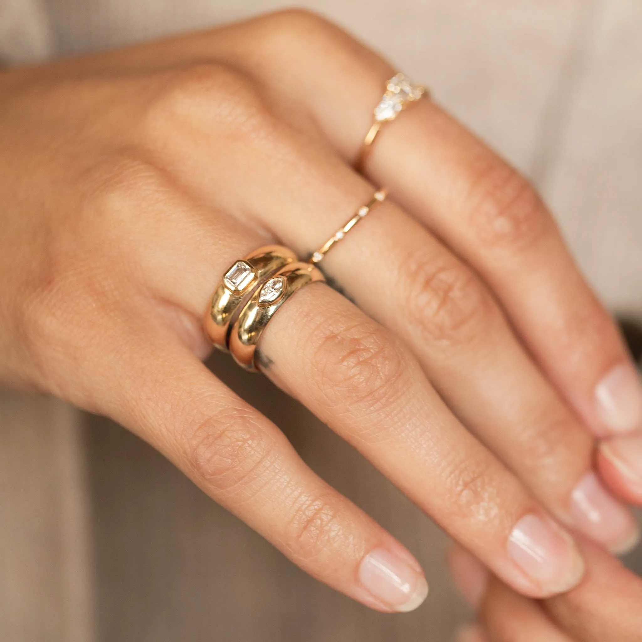 14k Emerald Cut Diamond Half Round Ring