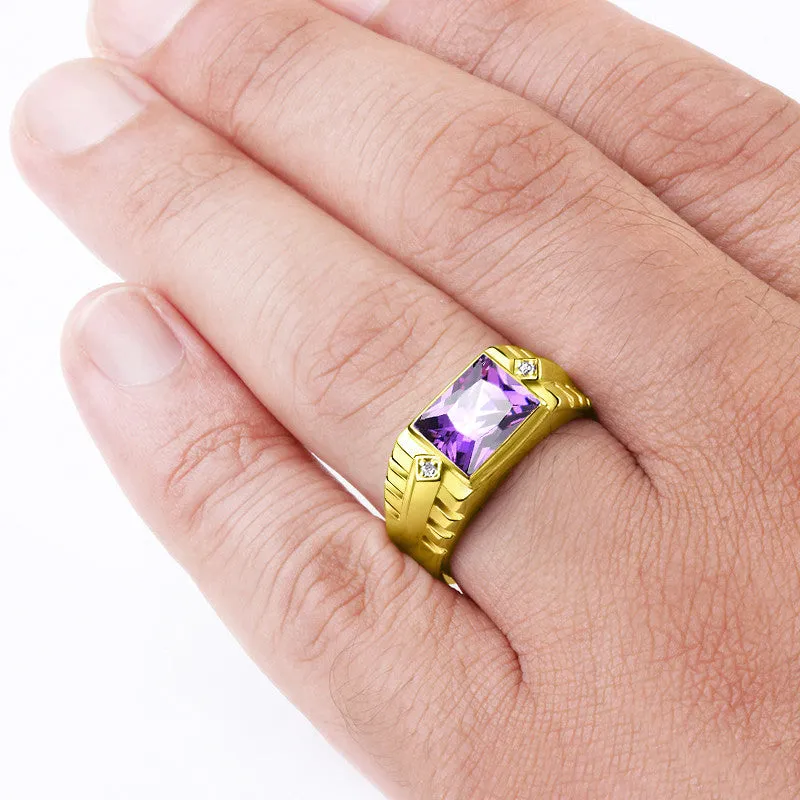 14k Yellow Gold with Amethyst Gemstone and Diamonds Men's Ring