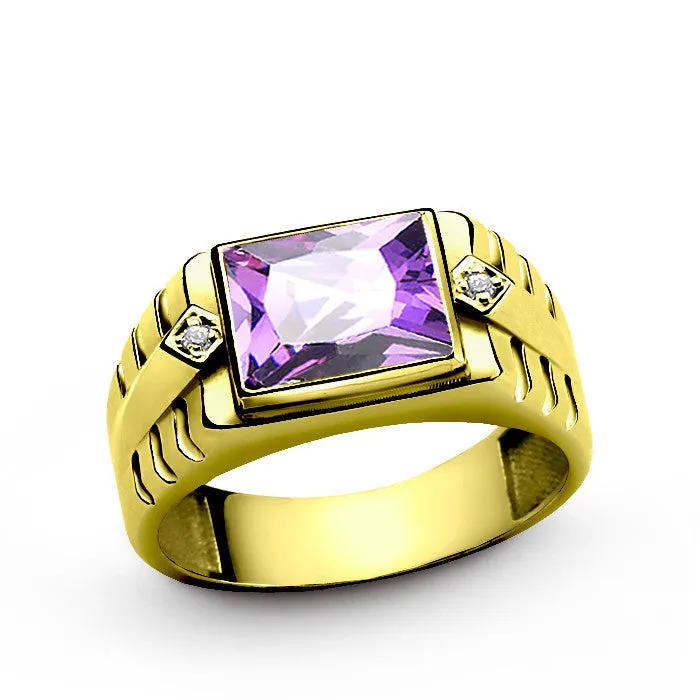 14k Yellow Gold with Amethyst Gemstone and Diamonds Men's Ring