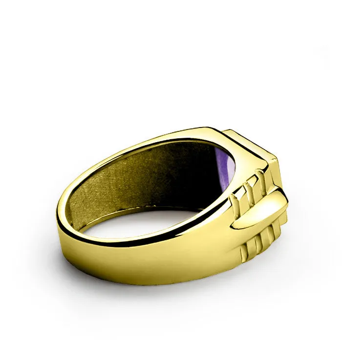 14k Yellow Gold with Amethyst Gemstone and Diamonds Men's Ring