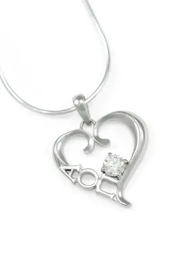 Alpha Omicron Pi Sterling Silver Heart Pendant with Clear CZ Crystal