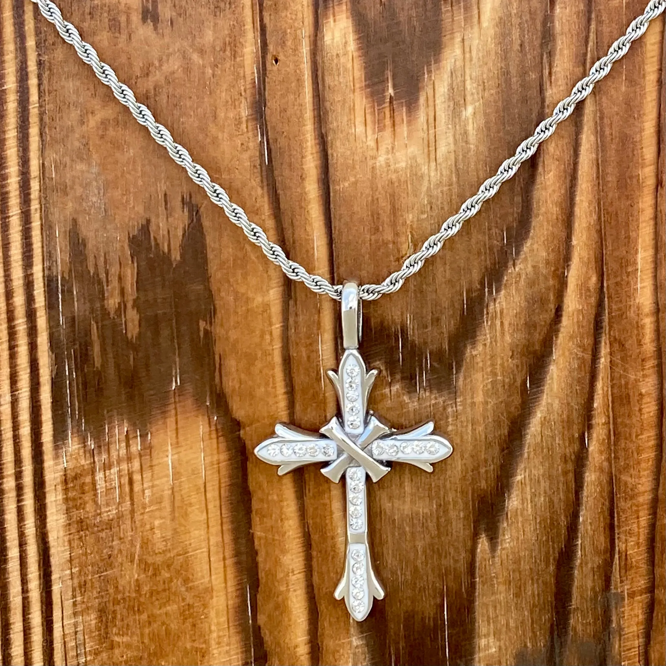 Bling Cross - White Stone - Pendant - Rope Necklace - SK2604