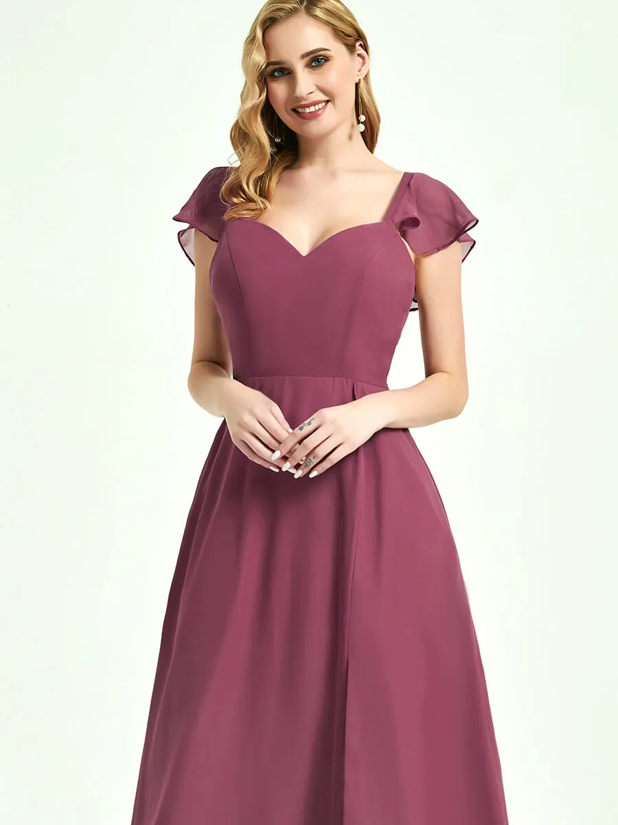 Blush Ruffle Cap Sleeve V-Neck Floor Length Bridesmaid Dress With Slit