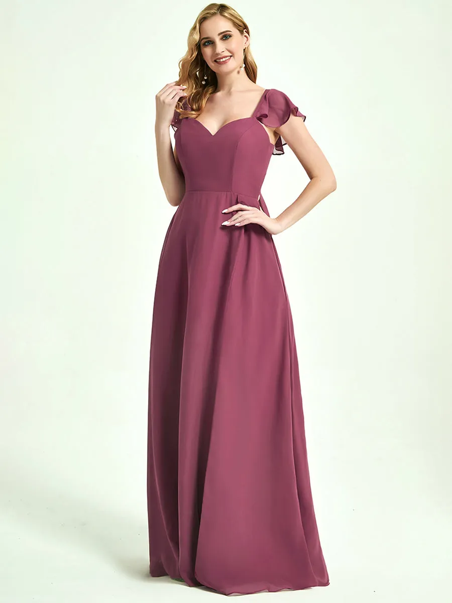 Blush Ruffle Cap Sleeve V-Neck Floor Length Bridesmaid Dress With Slit