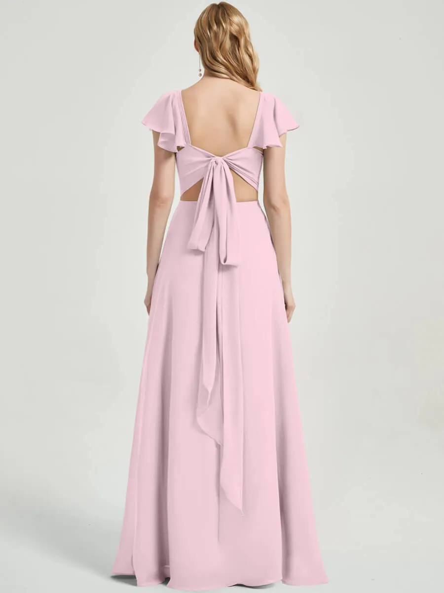 Blush Ruffle Cap Sleeve V-Neck Floor Length Bridesmaid Dress With Slit