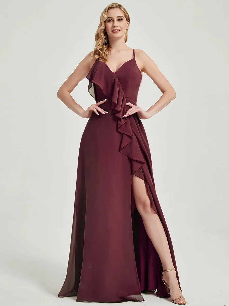 Burgundy Criss-Cross Straps Ruffles Slit Chiffon Maxi Bridesmaid Dress