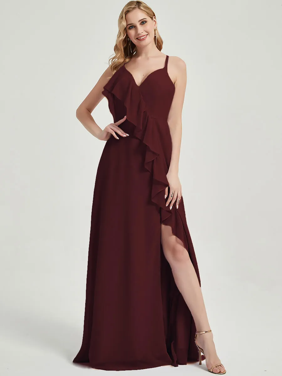 Burgundy Criss-Cross Straps Ruffles Slit Chiffon Maxi Bridesmaid Dress