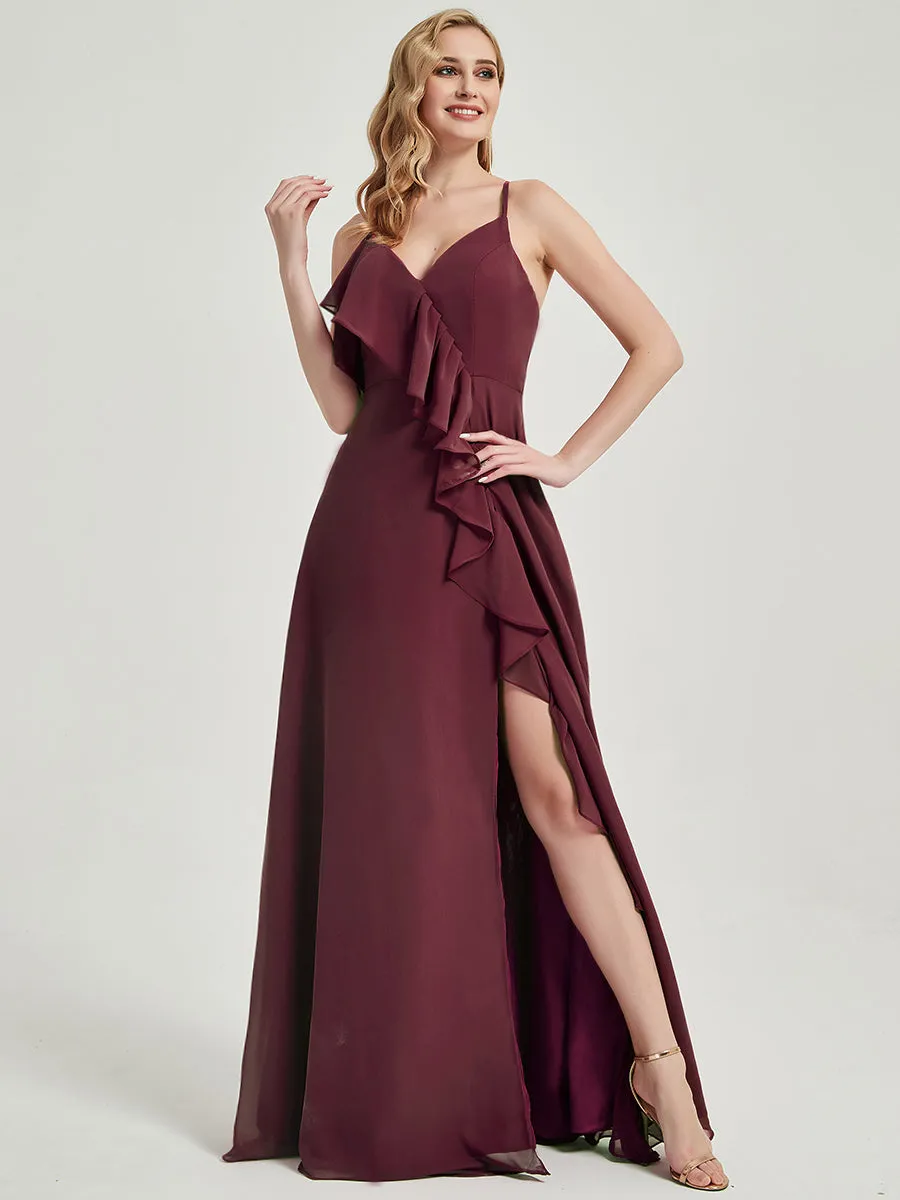 Burgundy Criss-Cross Straps Ruffles Slit Chiffon Maxi Bridesmaid Dress