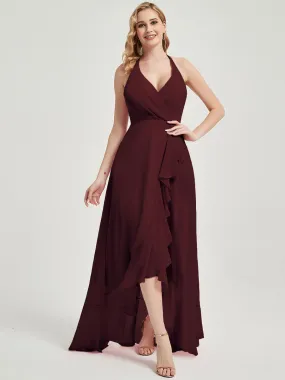 Burgundy Halter V-Neck Backless High Low Maxi Chiffon Bridesmaid Dress