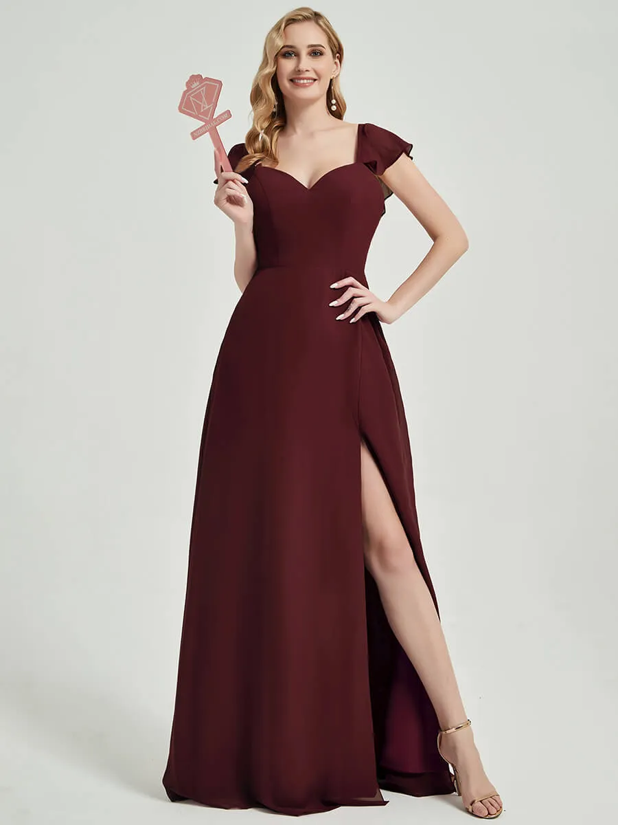 Burgundy Ruffle Cap Sleeve Floor Length Bridesmaid Dress With Slit