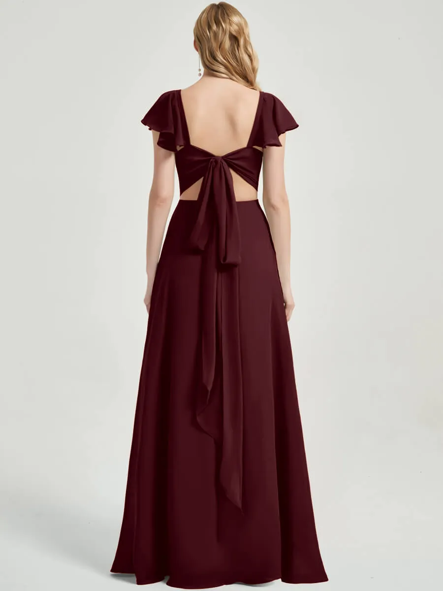 Burgundy Ruffle Cap Sleeve Floor Length Bridesmaid Dress With Slit