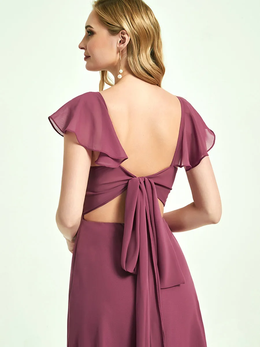 Burgundy Ruffle Cap Sleeve Floor Length Bridesmaid Dress With Slit