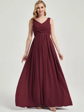 Burgundy V-Neck Sleeveless Floor Length Empire Chiffon Bridesmaid Dress