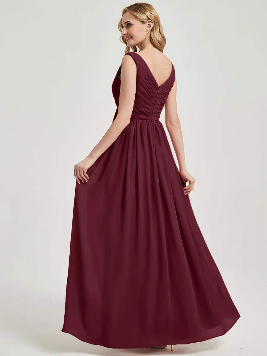 Burgundy V-Neck Sleeveless Floor Length Empire Chiffon Bridesmaid Dress