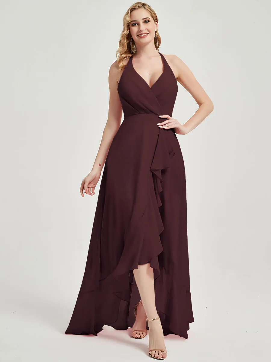 Cabernet Halter V-Neck Backless High Low Maxi Chiffon Bridesmaid Dress