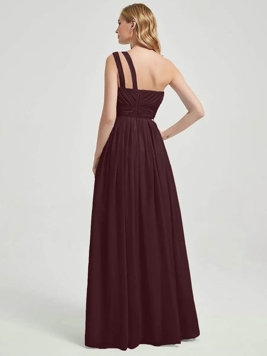 Cabernet One Shoulder A-Line Floor Length Chiffon Bridesmaid Dress