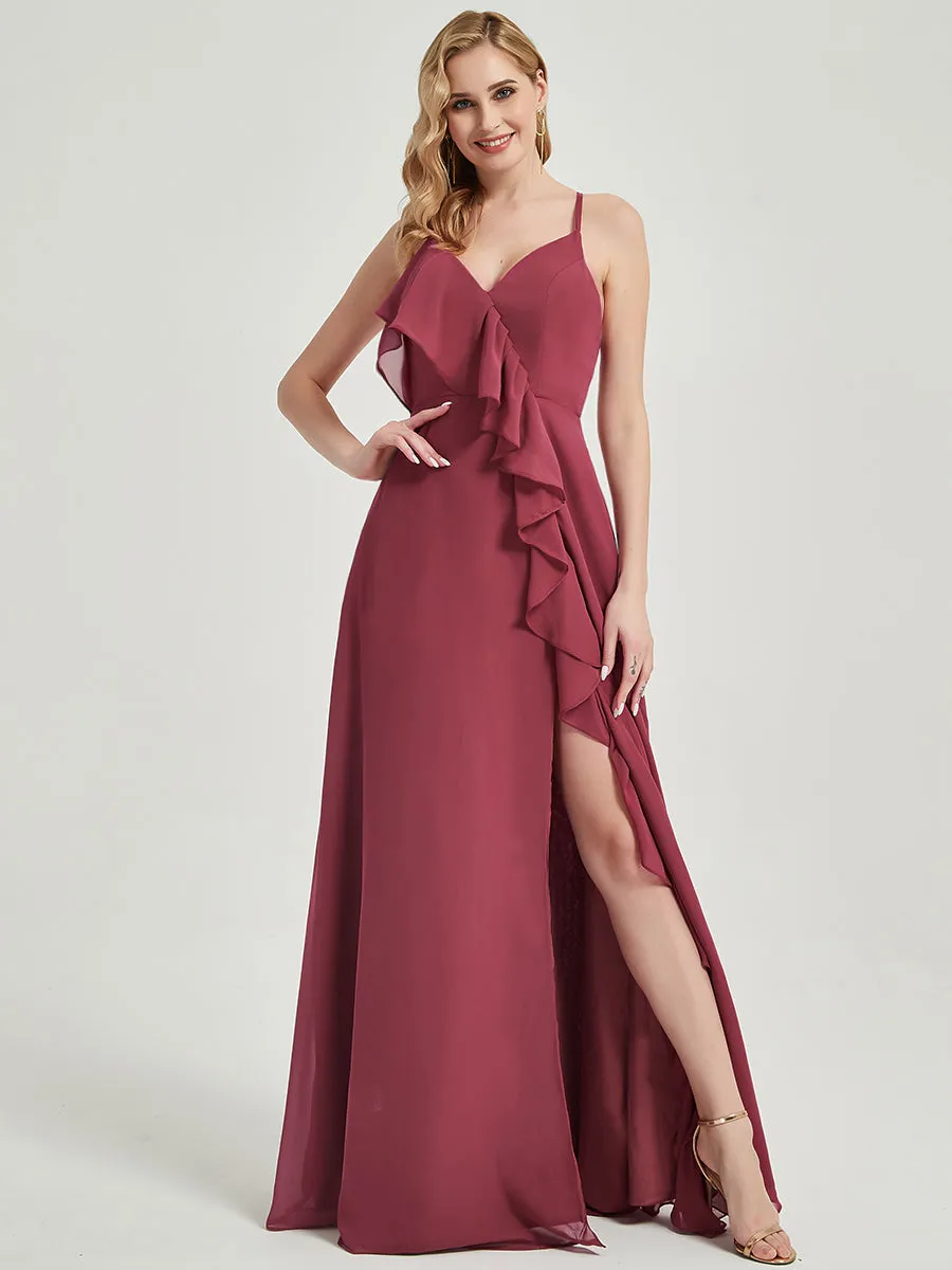 Cinnamon Rose Criss-Cross Straps Ruffles Slit Chiffon Bridesmaid Dress