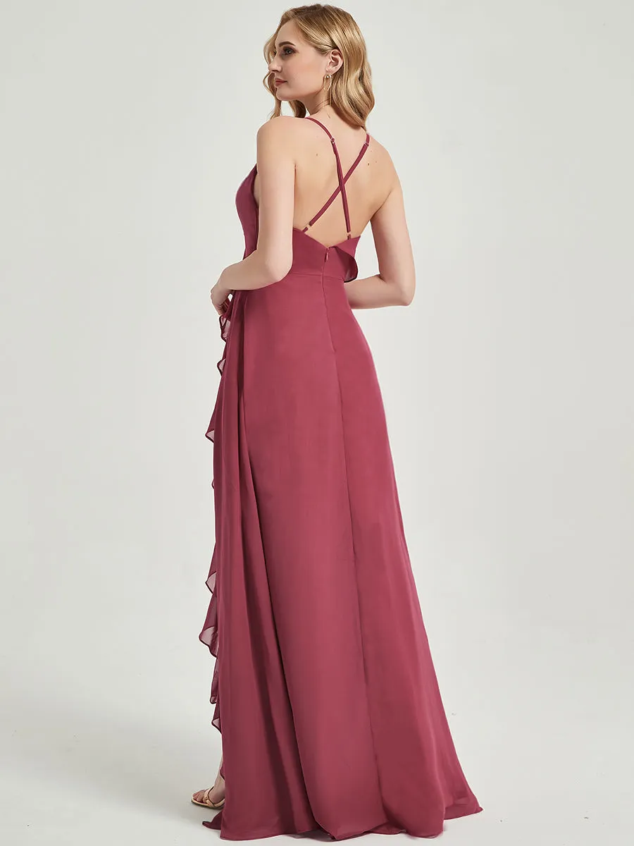 Cinnamon Rose Criss-Cross Straps Ruffles Slit Chiffon Bridesmaid Dress