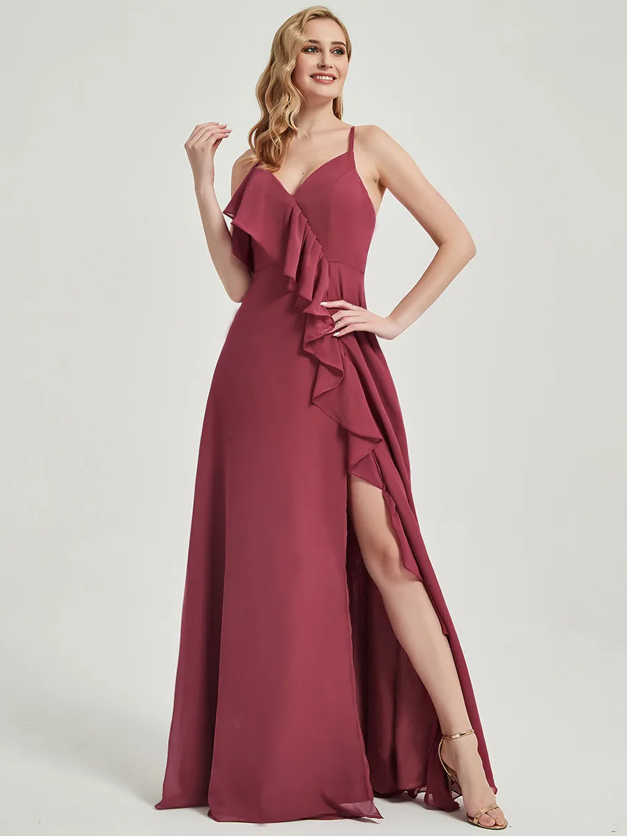 Cinnamon Rose Criss-Cross Straps Ruffles Slit Chiffon Bridesmaid Dress