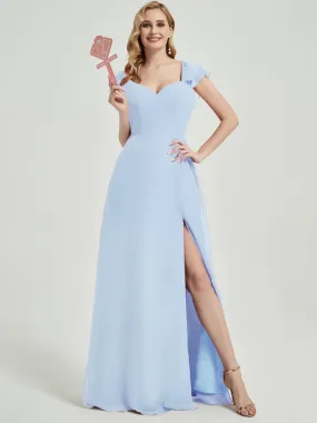 Cornflower Blue Ruffle Cap Sleeve Chiffon Bridesmaid Dress With Slit