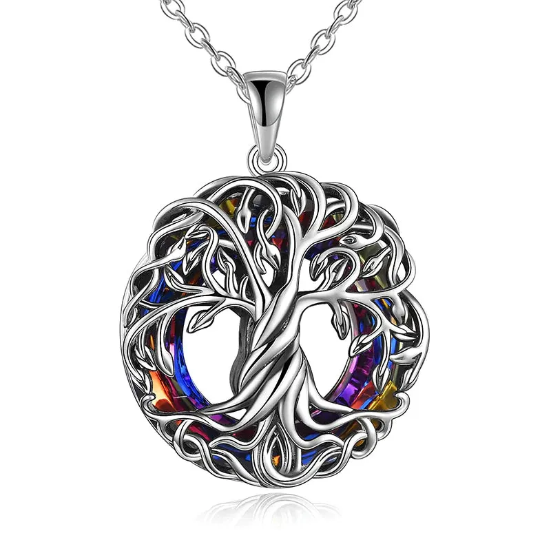 Cremation Jewelry s925 Sterling Silver Tree of Life Urn Necklace Keepsake Ashes Hair Memorial Locket with Circle Crystal