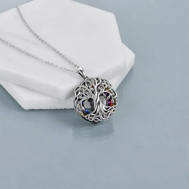 Cremation Jewelry s925 Sterling Silver Tree of Life Urn Necklace Keepsake Ashes Hair Memorial Locket with Circle Crystal