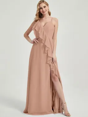 Criss-Cross Straps Ruffles Slit Chiffon Bridesmaid Dress English Rose