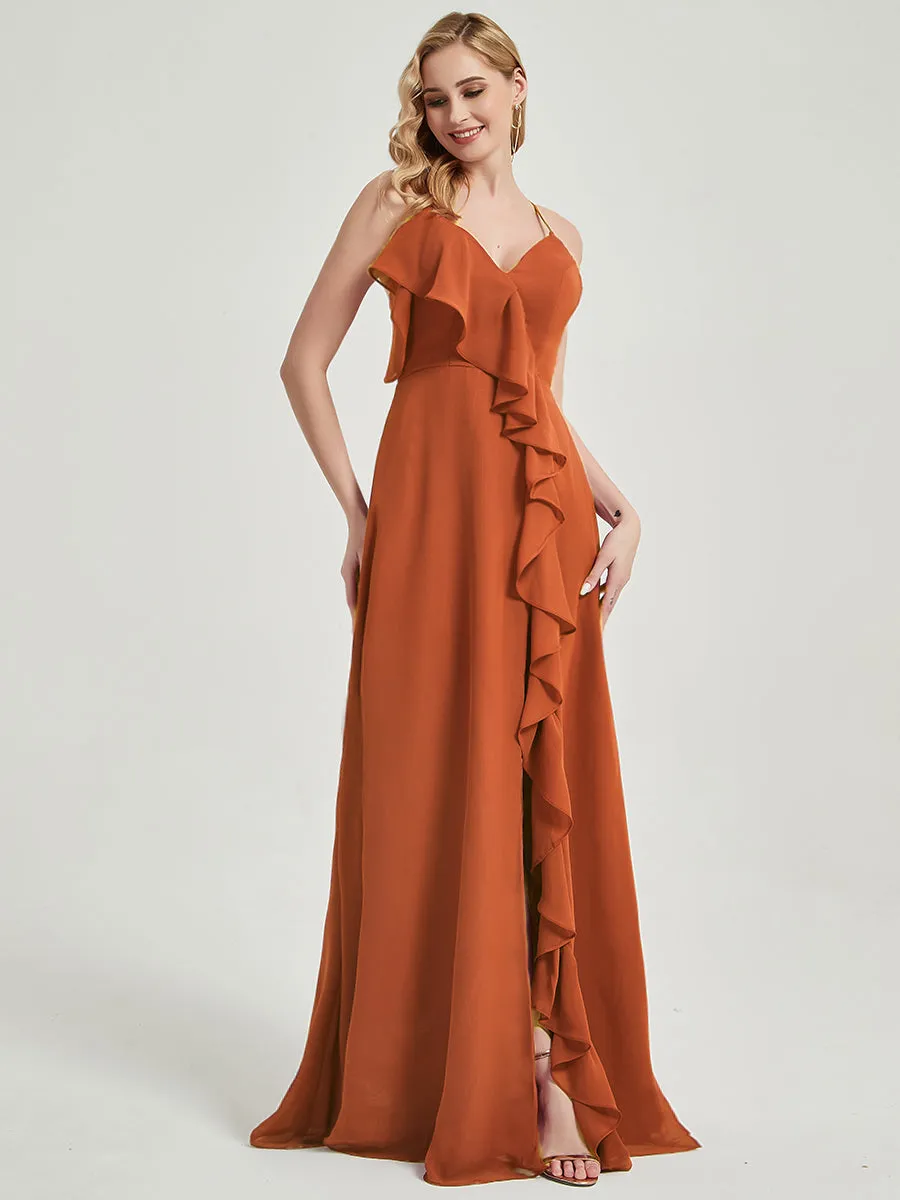 Criss-Cross Straps Ruffles Slit Chiffon Maxi Bridesmaid Dress Eucalyptus