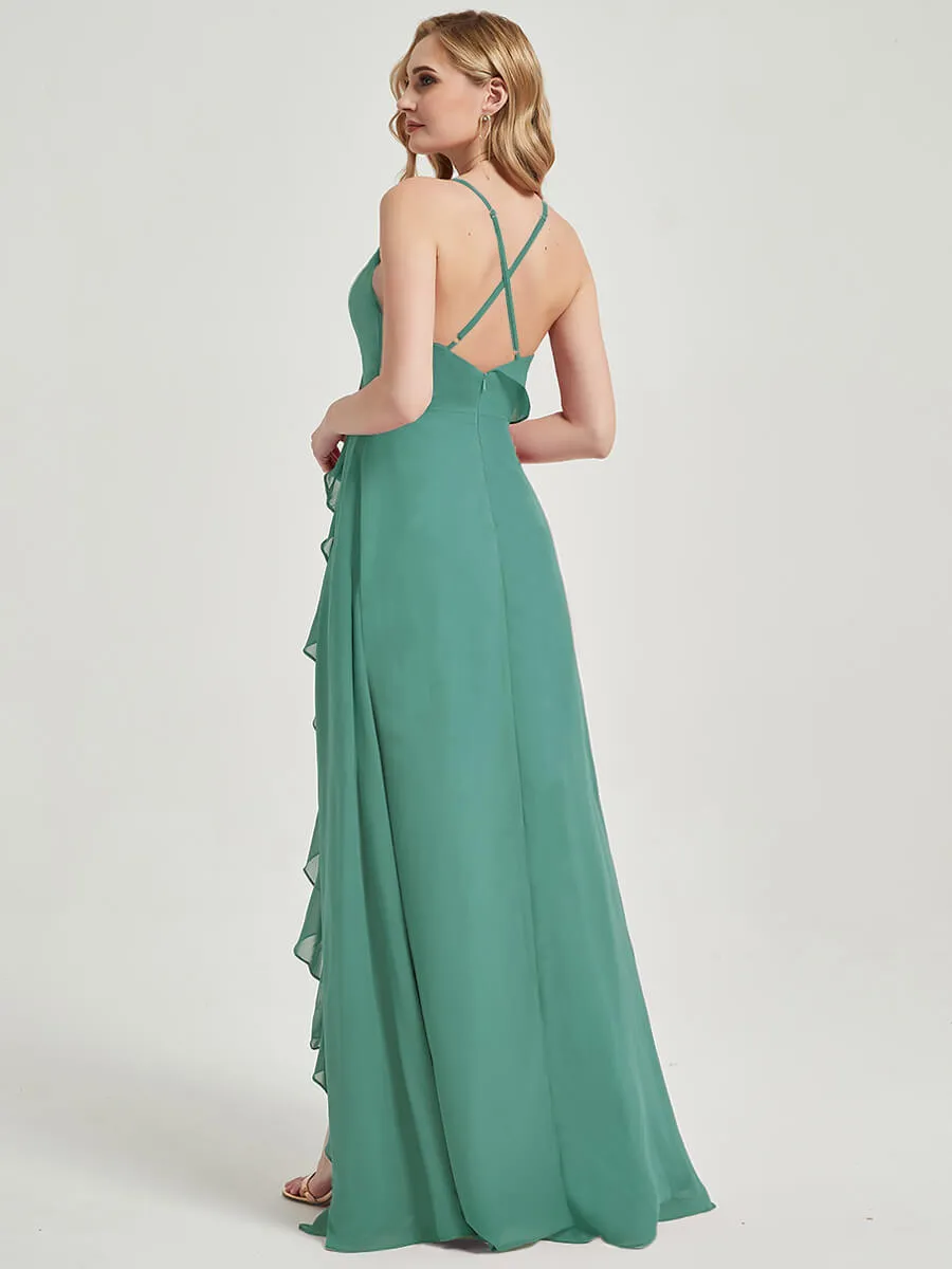 Criss-Cross Straps Ruffles Slit Chiffon Maxi Bridesmaid Dress Eucalyptus