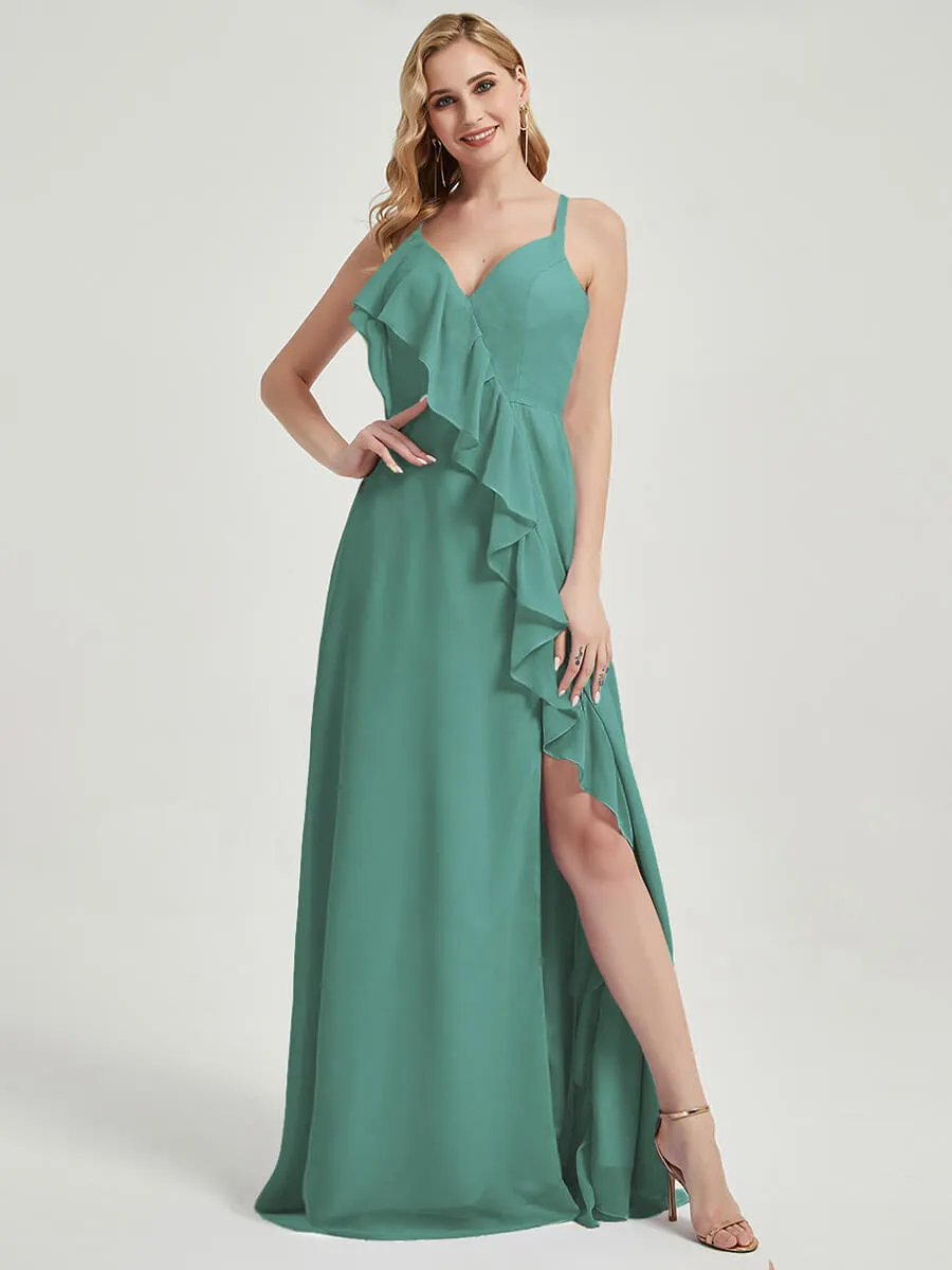 Criss-Cross Straps Ruffles Slit Chiffon Maxi Bridesmaid Dress Eucalyptus