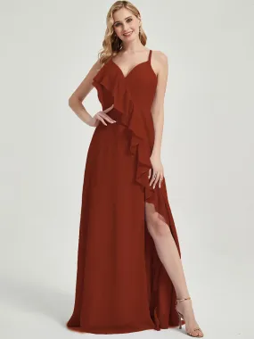 Criss-Cross Straps Ruffles Slit Chiffon Maxi Bridesmaid Dress Rusty Red