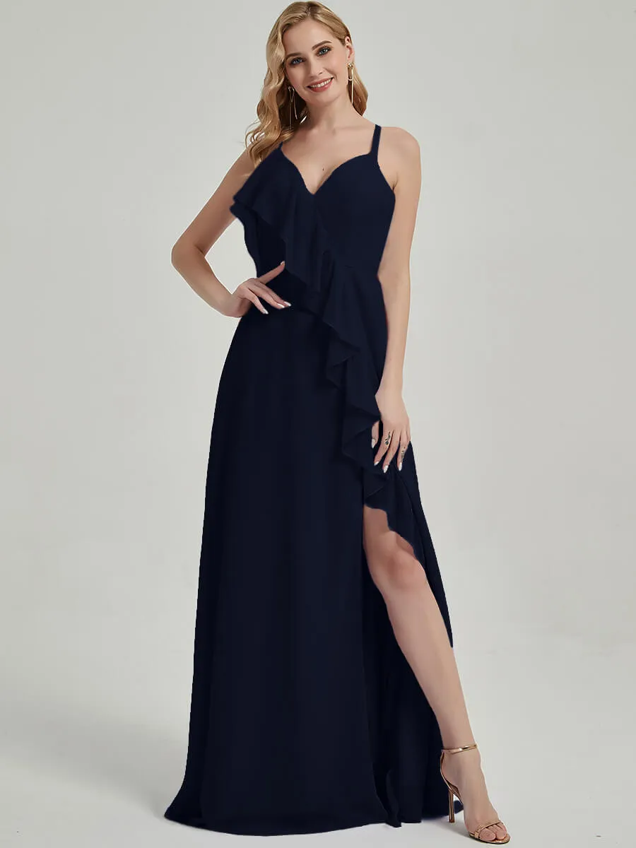 Dark Navy Criss-Cross Straps Ruffles Slit Chiffon Maxi Bridesmaid Dress