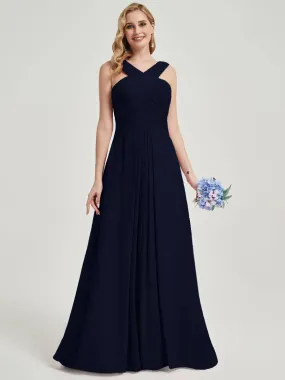 Dark Navy Cross Neck A-Line Floor Length Chiffon Bridesmaid Dresses