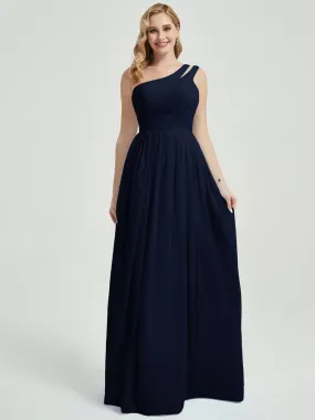 Dark Navy Pleated One Shoulder Floor Length Chiffon Bridesmaid Dress