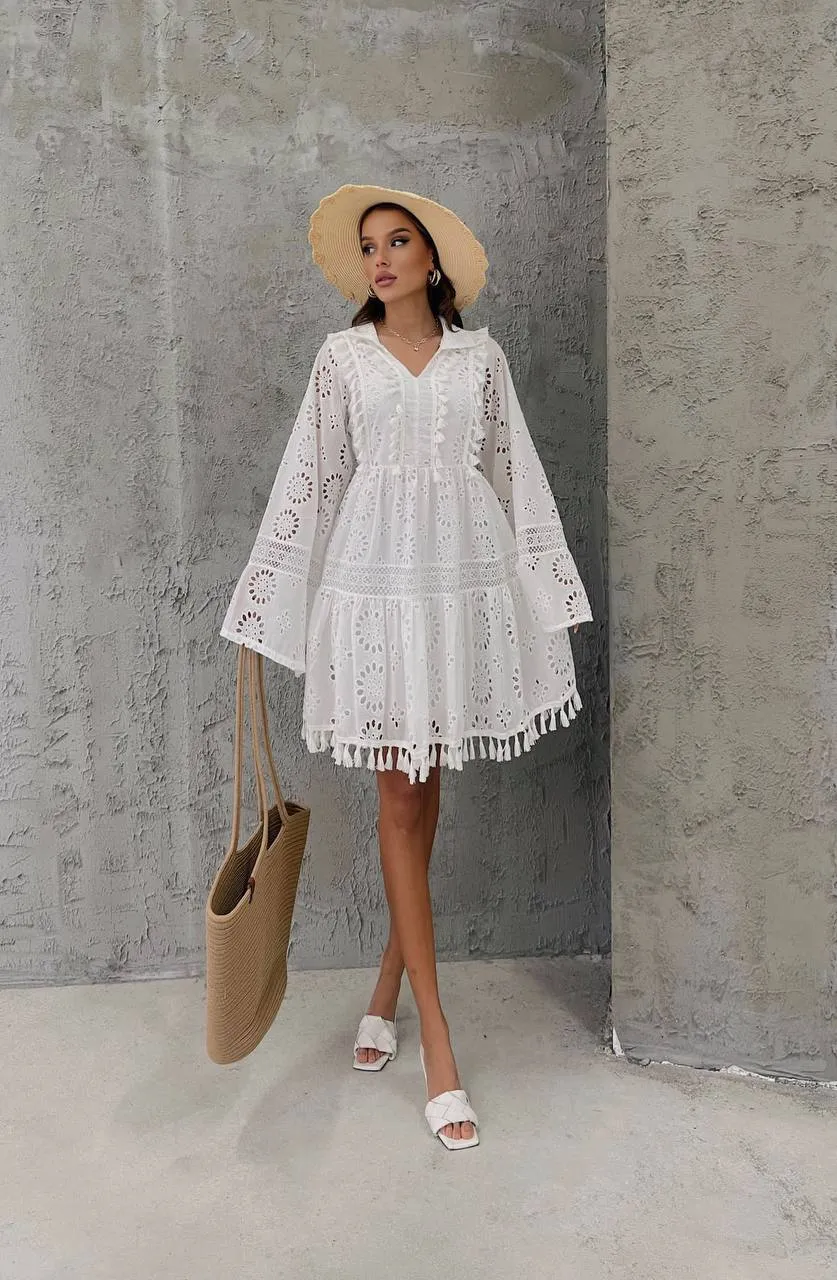 Eyelet short dress with long sleeve