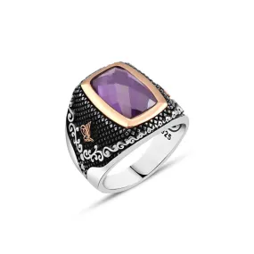 Facet Cut Amethyst Stone Rentangular Silver Men's Ring Siding Ottoman Tughra and Branch Pattern