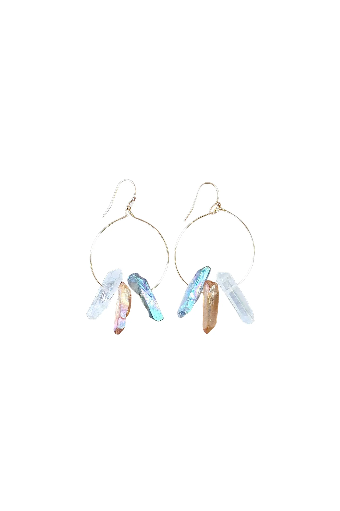 Gold Hoop Dangle Earring with Three Raw Quartz Crystals in Mystic Grey, Rainbow and Peach Quartz