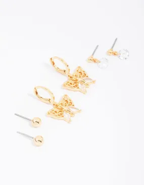 Gold Plated Cubic Zirconia Butterfly Earring 3-Pack