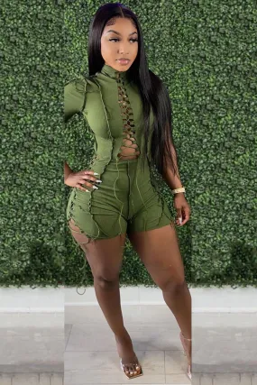 Green Lace Up Short Sleeve Contrast Stitch Bodycon Romper