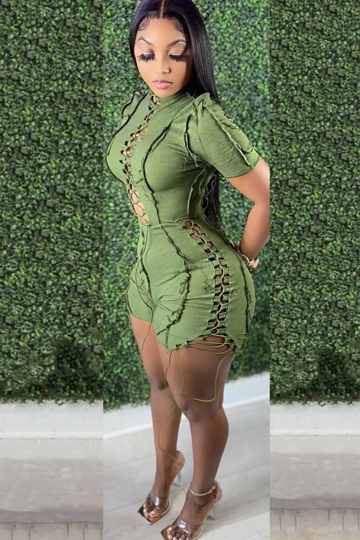 Green Lace Up Short Sleeve Contrast Stitch Bodycon Romper