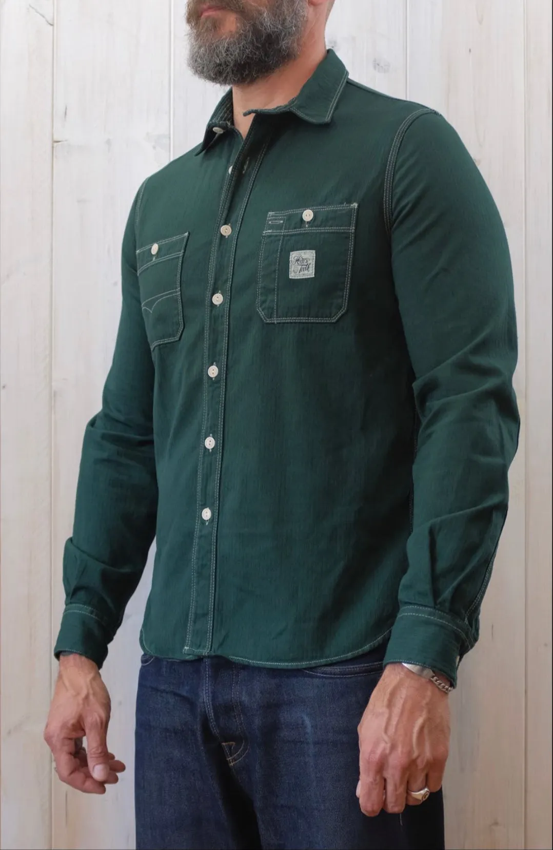 HENS TEETH ITALY Herringbone Green Workshirt