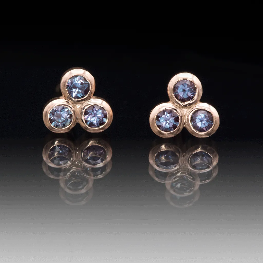 Lab-Grown Alexandrite Trio Bezel Cluster Stud Earrings