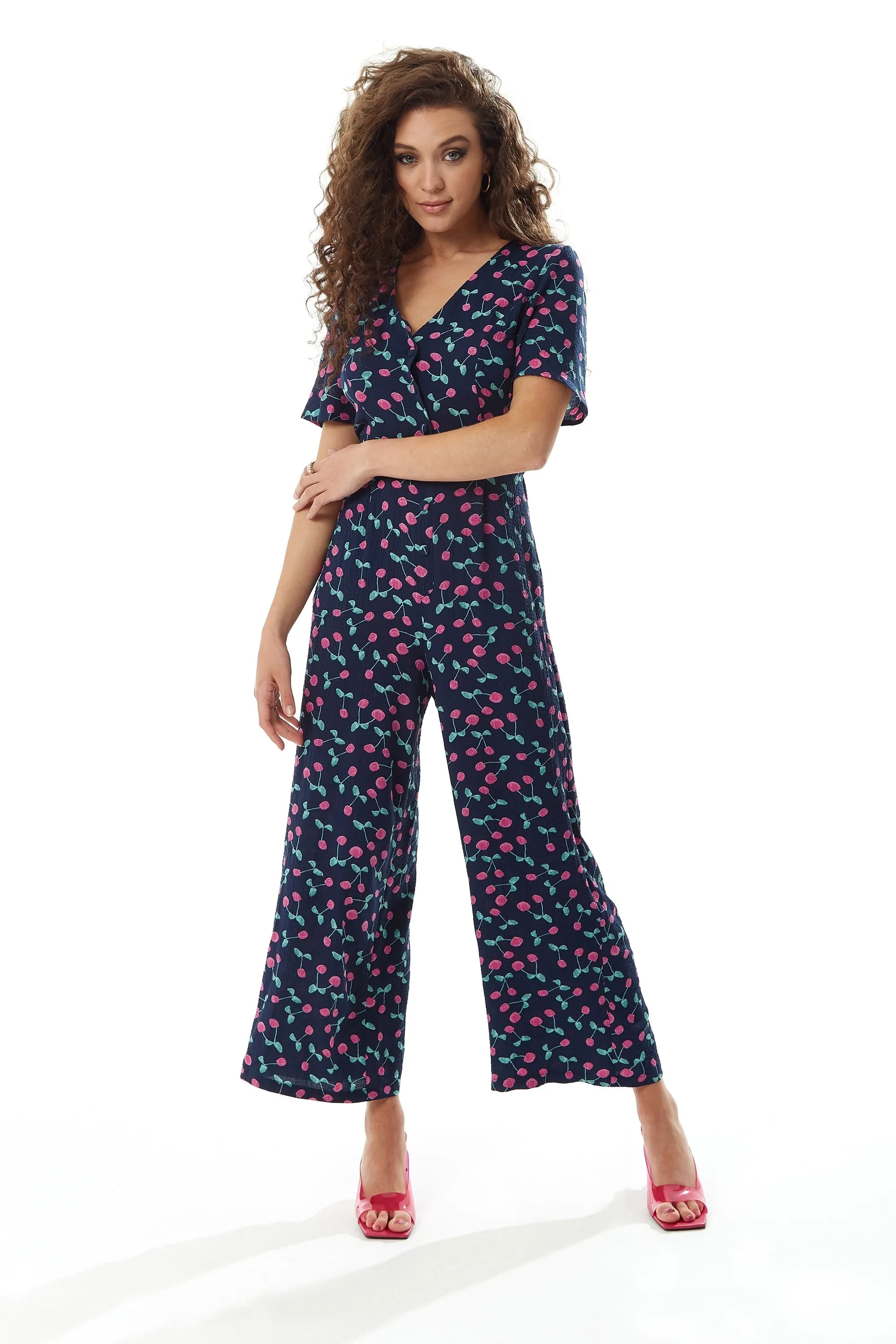 Liquorish Cherry Print Jumpsuit In Navy