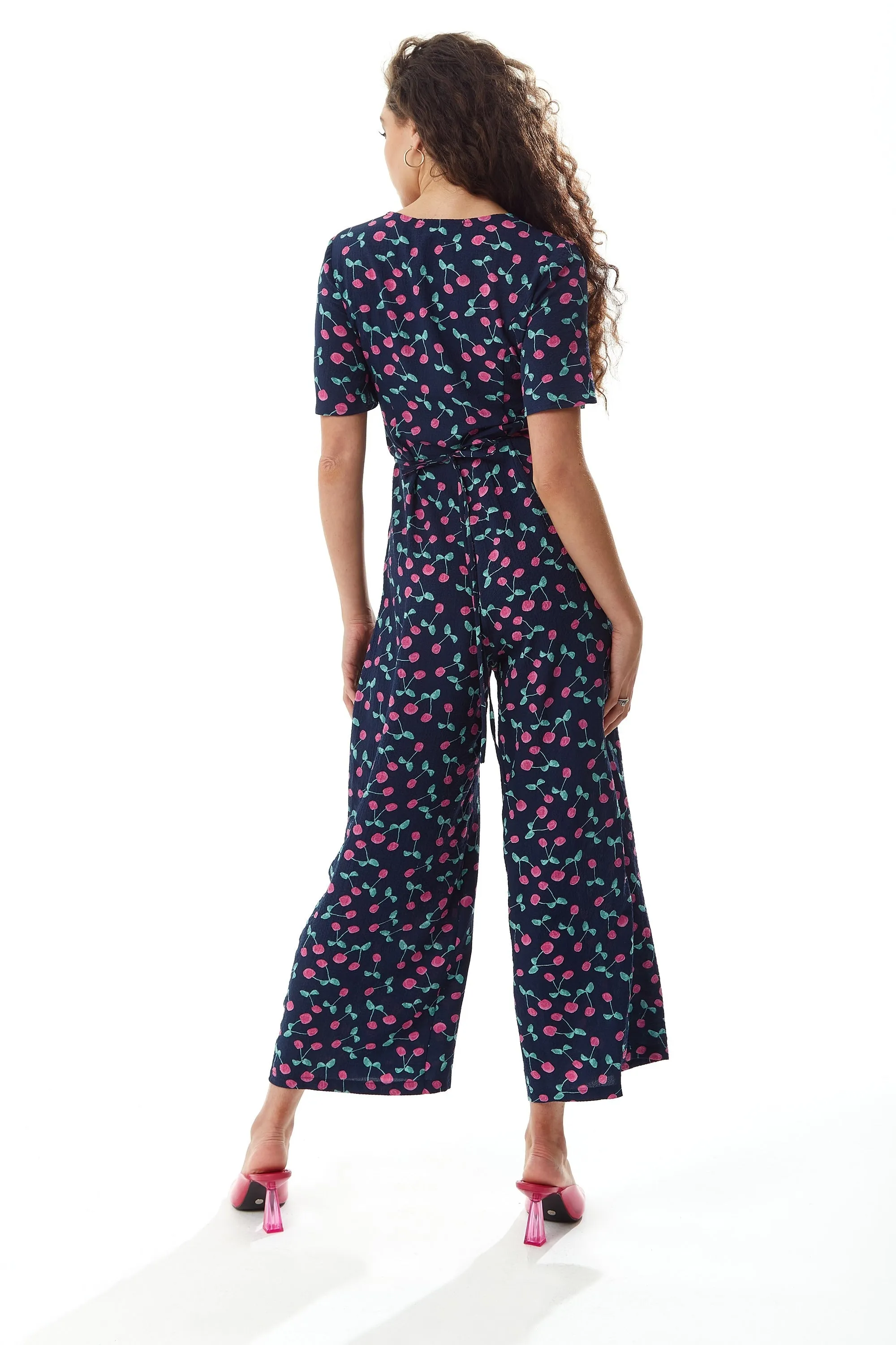 Liquorish Cherry Print Jumpsuit In Navy