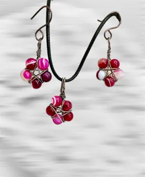 Magenta Striped Agate Pentagram Earrings & Pendant Set