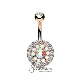 Multi Circle Triple Tiered Crystal and Opalite Surgical Steel Navel Ring-Rose Gold