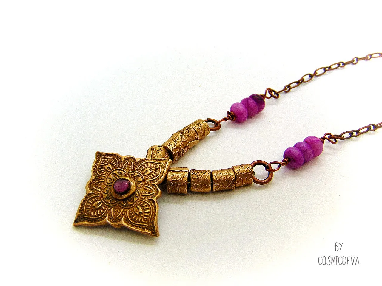 Pink Tourmaline Mandala Mehndi Gold Bronze Necklace