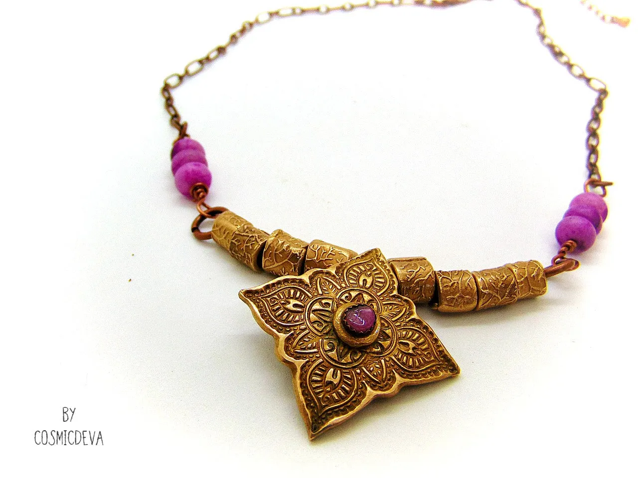 Pink Tourmaline Mandala Mehndi Gold Bronze Necklace