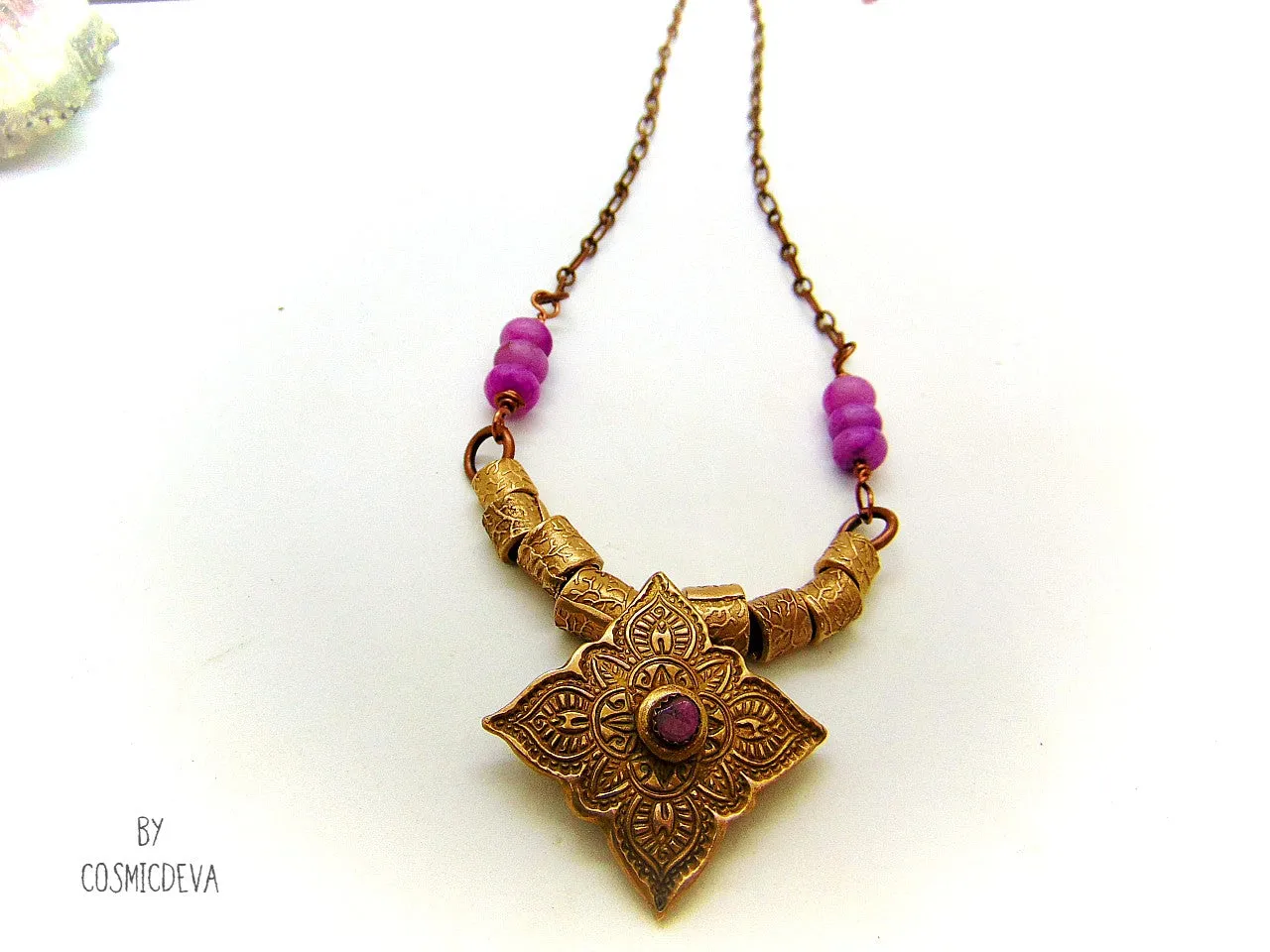 Pink Tourmaline Mandala Mehndi Gold Bronze Necklace