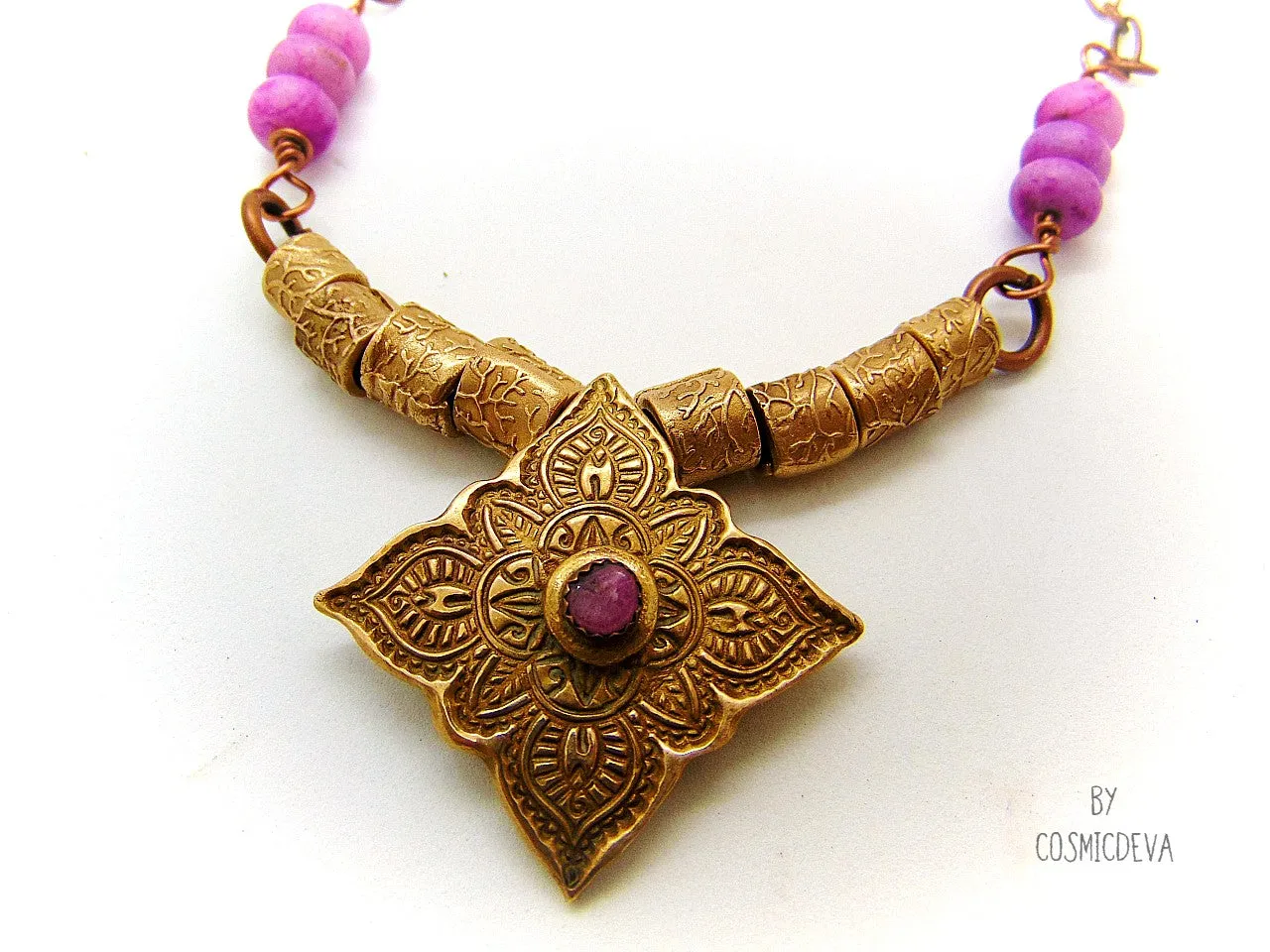 Pink Tourmaline Mandala Mehndi Gold Bronze Necklace